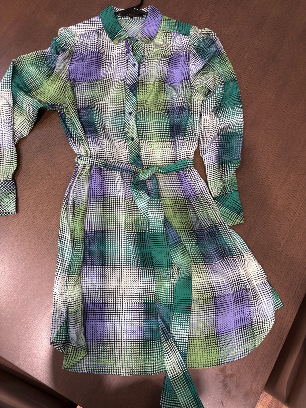 BCBGMaxAzria Green and Purple Plaid Tie-Front button front shirt dress silk